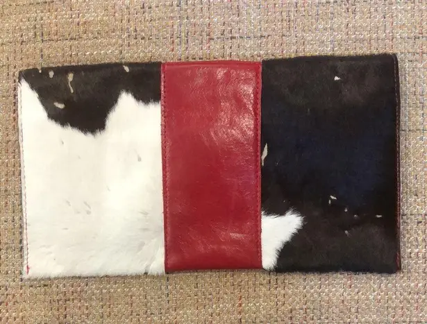 BLACK & WHITE Clutch with Red Leather Belt Accent Silver Buckle