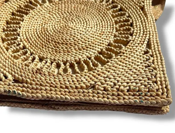 Boutique Vintage Straw Handbag Market Bag Tote Lined Square Zip Closure Tan Brown