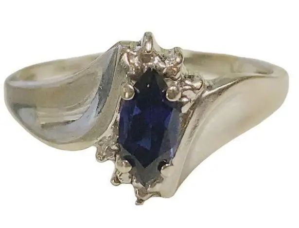 10K White Gold Marquise Blue Sapphire and Tiny 6 Diamonds Ring Size 6 Women’s