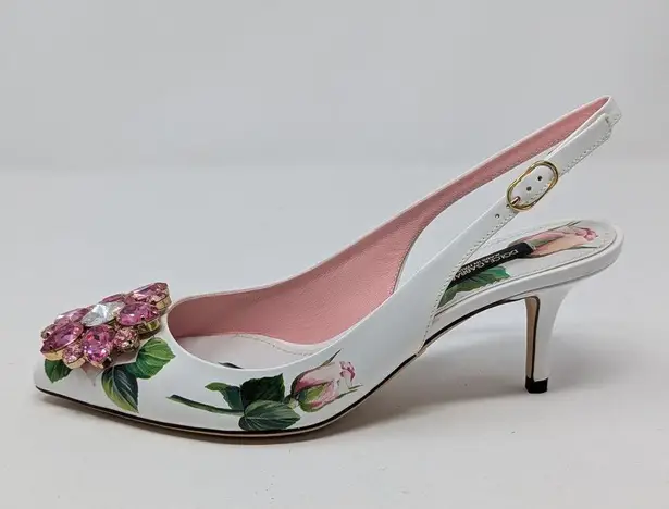 Dolce & Gabbana Jeweled Bellucci Floral Print Slingback Heels White and Pink 35
