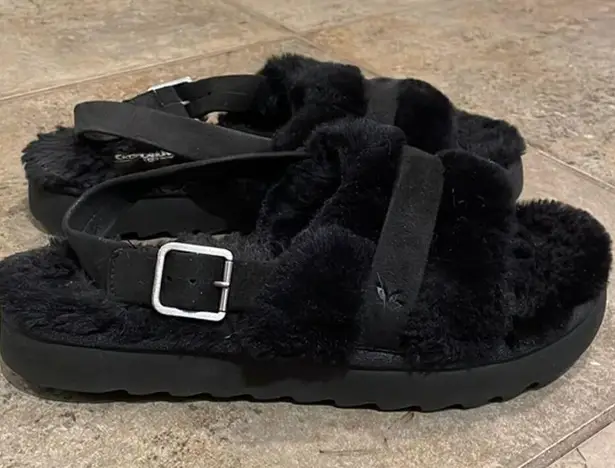 Koolaburra by Ugg Black Fuzz'd Out Faux Fur Slide Sandals Womens Size 10 EU 41