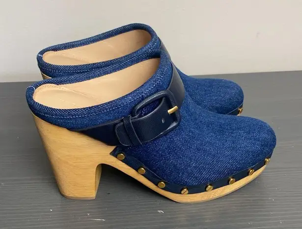 Veronica Beard  Dacey Denim Buckle Studded Clogs Size 7