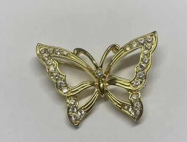 Monet Butterfly Insect Brooch Pin Gold Tone / Rhinestone Signed