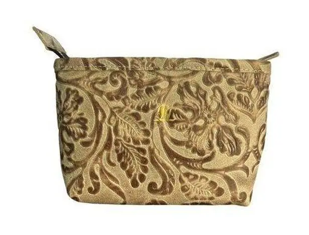 Blythe Leonard Tooled Leather Makeup Pencil Bag Zip Top Handmade USA 5.5" x 4"