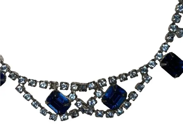 Vintage Royal Blue & Light blue Rhinestone Necklace Silver Tone