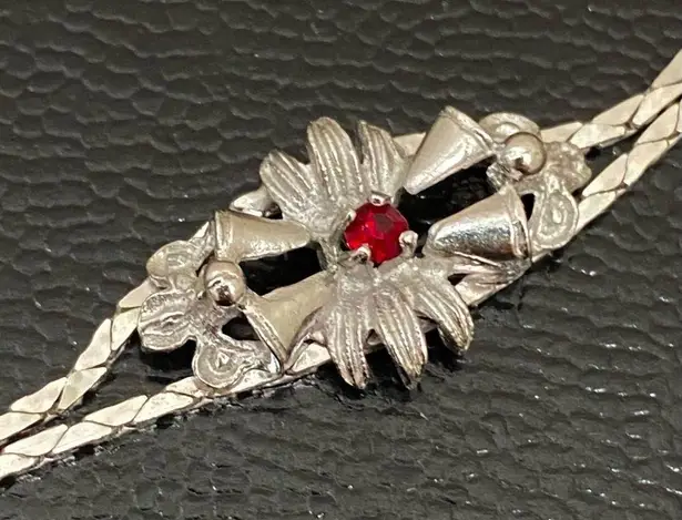 Ruby Vintage Signed Silver Floral Bell Center Double Snake Chain 7.5” Bracelet