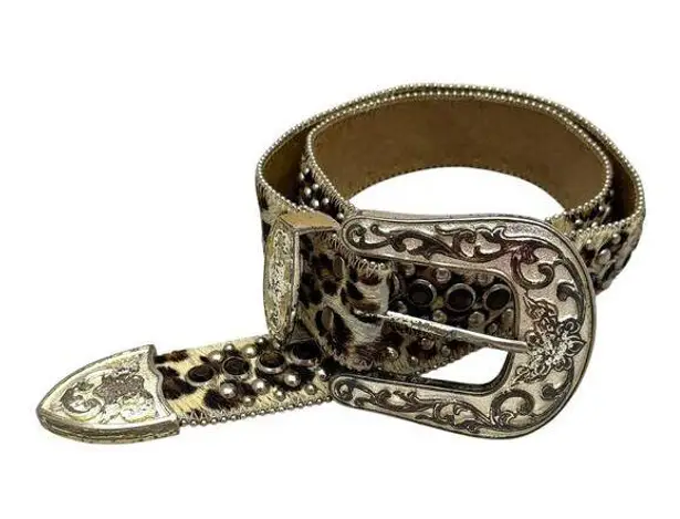 Western Belt Leopard Calf Hair Studded Silver Amber Small Tan
