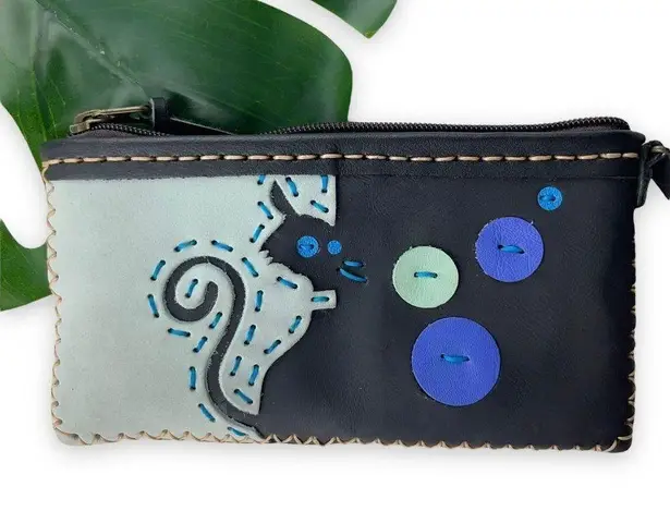 Handmade Deco Art Cat Wristlet Wallet | Coin Purse Blue