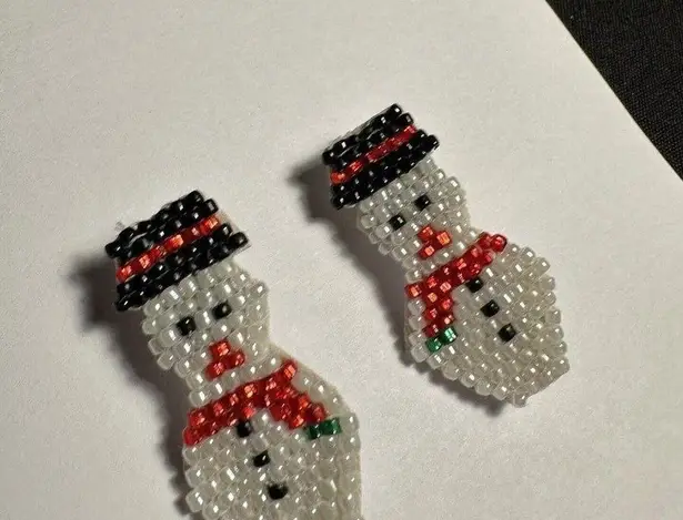 Hand Crafted Clip On Earrings Beaded Snowman Christmas Holiday Hand Made White