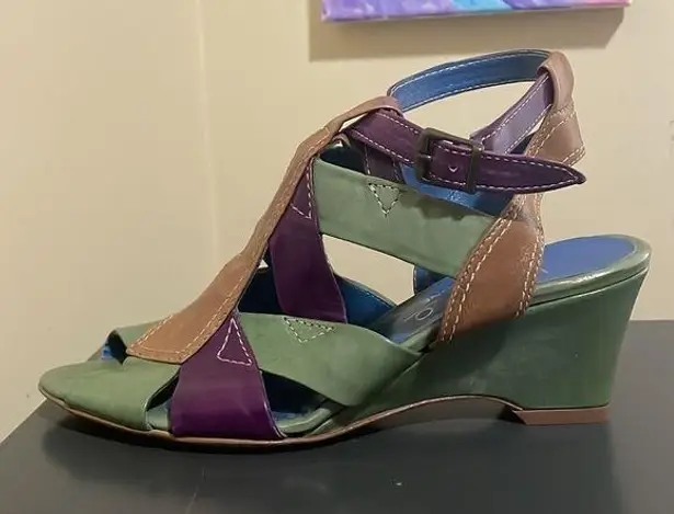 LAZIO COLLEZIONE Leather Green Purple Brown Bubba 2.5” Wedges $195 EUC 6.5