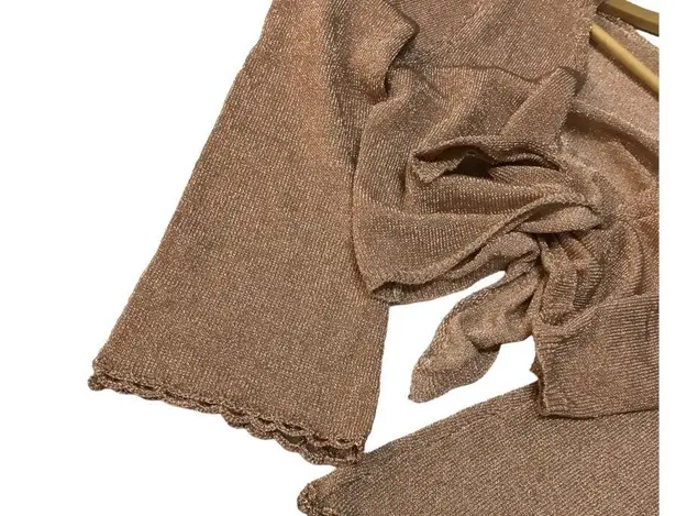 Dee Elly Metallic Shimmer Cropped Front Tie Bell Long Crochet Sleeve Rose Gold S