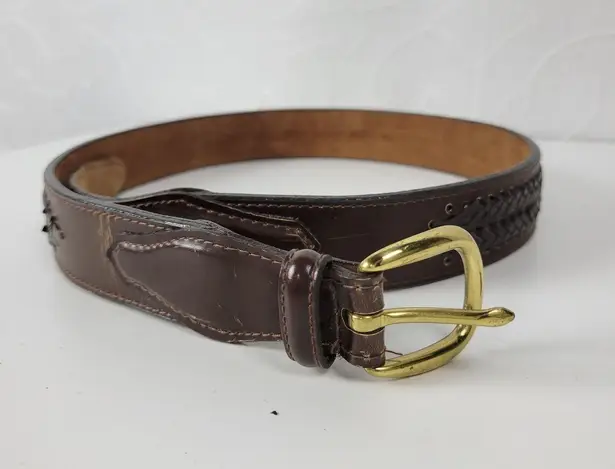 Mens Genuine Leather Belt 34 Brown Basket Weave Braided Solid Brass Buckle