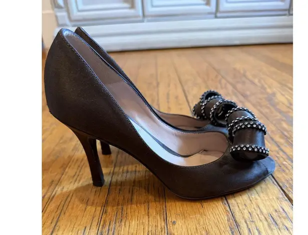 Oscar de la Renta Shoes Womens Size 7M Brown Bow Crystal Peep Toe Heels Italy