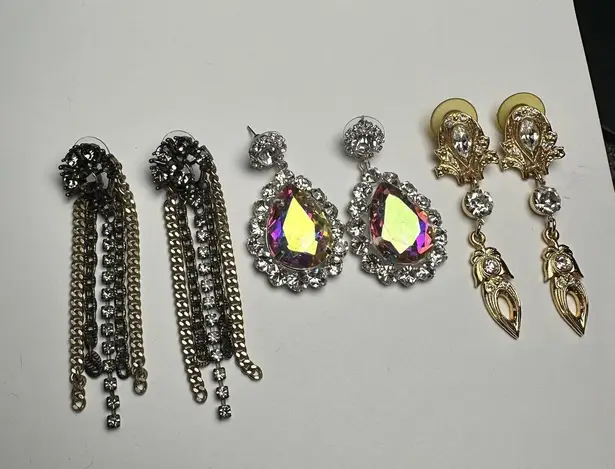 Sparkly Statement Rhinestone Mix Dangle Drop Pierced Earrings Lot Of 3