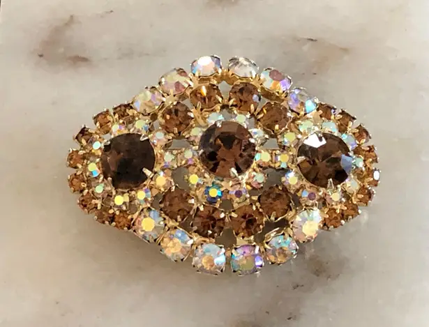 Magnificent Vintage Rhinestone Brooch High End W AB & Root Beer Color Stones Multiple