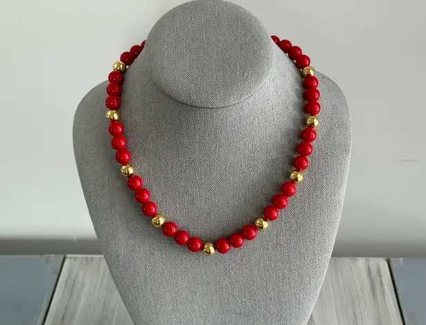 Napier Fabulous Vintage Beaded Necklace Red & Gold Tone Beads Pat#