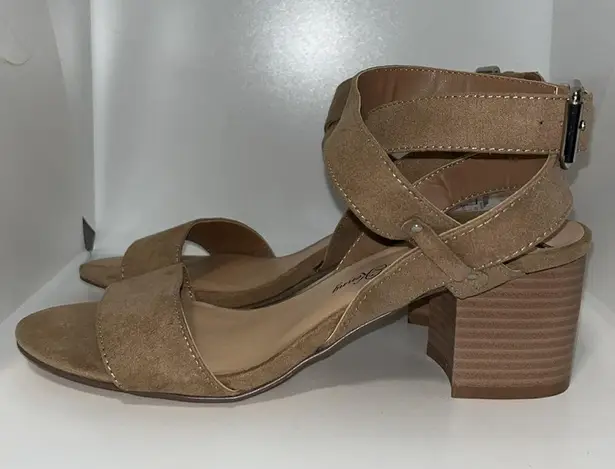 Penny Loves Kenny Strappy Wrap Ankle Open Toe Heels Tan Microfiber Women’s 8