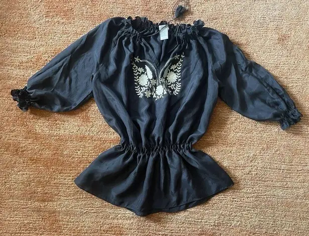 Eduardo Blanco Silk Blouse XS Navy Blue Peasant White Embroidery Boho Top Black Size 0