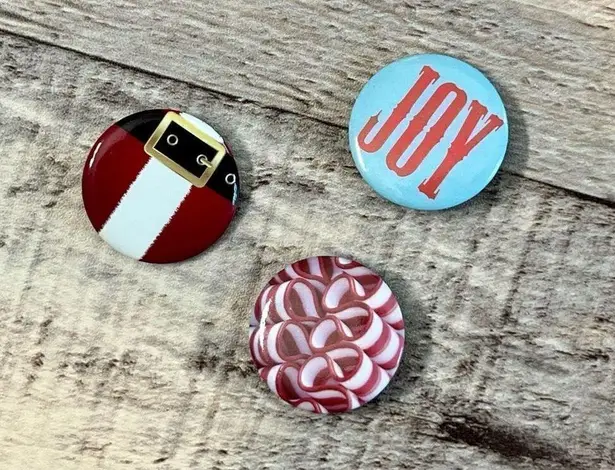 Christmas Holiday Santa Suit, Candy Cane, "Joy" Button Pin Lot of 3 Red