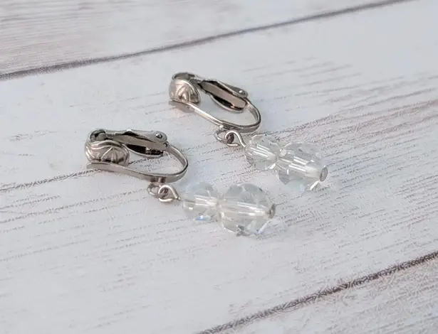 Vintage Clip On Earrings Clear Bead Duo Dangle Silver