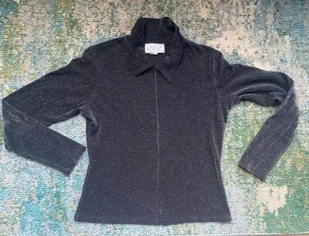 Vintage 90s Long Elegant Legs black sparkle zip front mock neck top, size medium