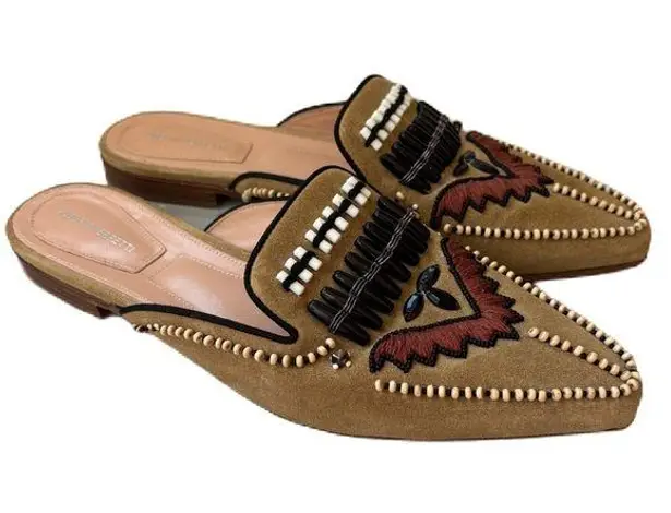 Alberta Ferretti Beaded Mules Tan Native American Leather Slip On Size 37.5 Sz 7