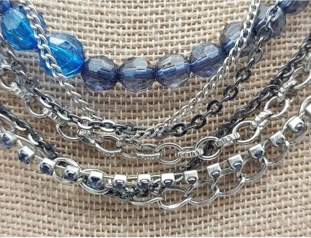 Multi Strand Silver Tone Chain Necklace Blue Bead Rhinestone Cup Rolo Gun Metal