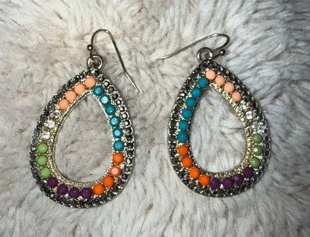 Boho Hobo Teardrop Dangle Earrings Pierced Multicolor Stones Western Navajo Styl Orange