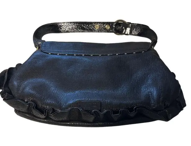 Moschino Black Leather shoulder bag with 3D Flower and ruffle accents