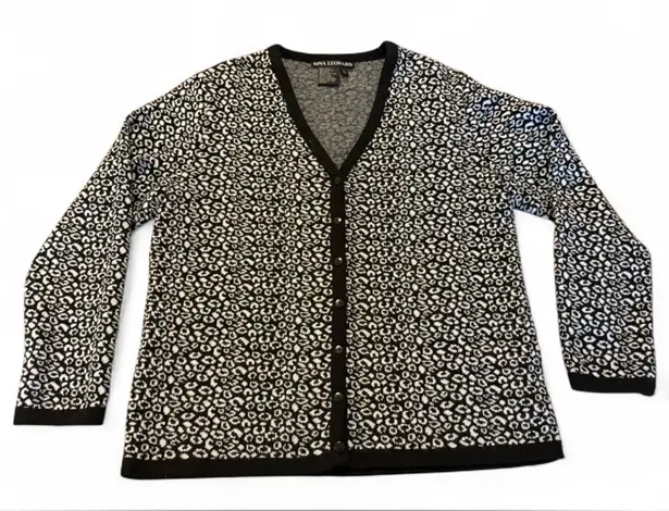 Nina Leonard black and white leopard print cardigan sweater Size Large - Image 1