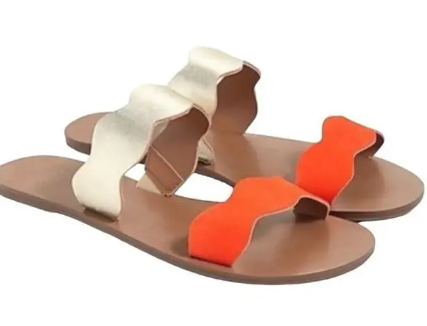 J.Crew  Scalloped gold Metallic and orange Leather Sandals slides thumbnail 1
