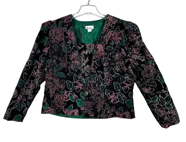 Patra Blazer Green Pink Gold Floral Velvet Jacket Button Front Party Size XL Black