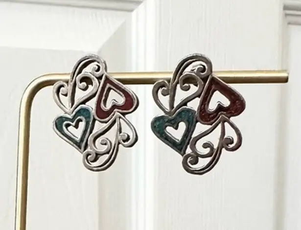 Silver Tone Turquoise Heart Scroll Red Accent Hanging Stud Earrings Southwestern