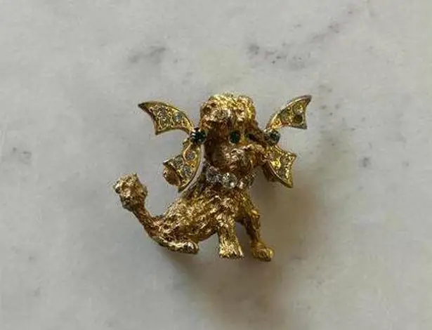 Vintage 70's Golden Poodle Dog Brooch with Gemstone Accents Gold