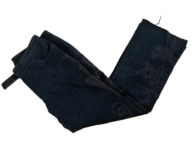 St. John Couture Jeans Sz 12 Wide Leg Raw Hem Embroidered Preppy Cropped Casual