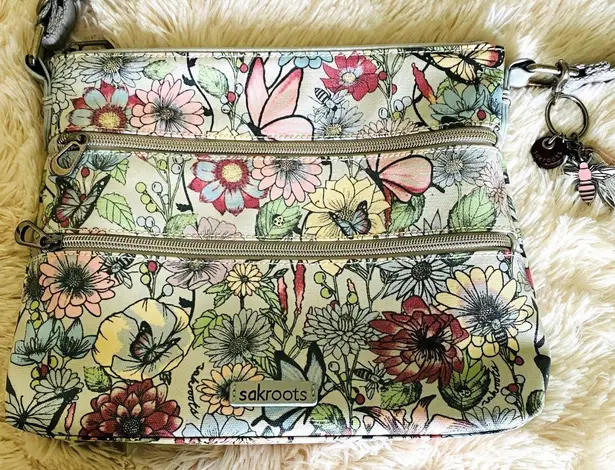 Sakroots Floral Crossbody Bag with ID Lanyard and Bee Keychain Boho Purse