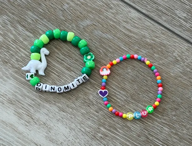 Handmade NEW Lot Of 2 Kandi Bracelets EDM Rave Festival Dinosaur PLUR Colorful Fun