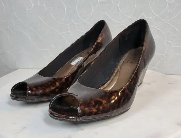 Comfort Plus by Predictions Womens Shoe 7.5 Brown Black Tortoise Peep Toe Wedge