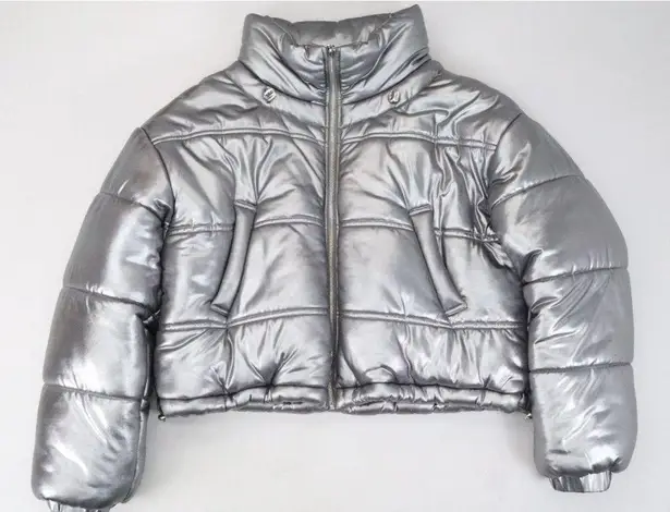 Tach Clothing Mirna Silver Metallic Short Puffer Jacket Size S Cropped