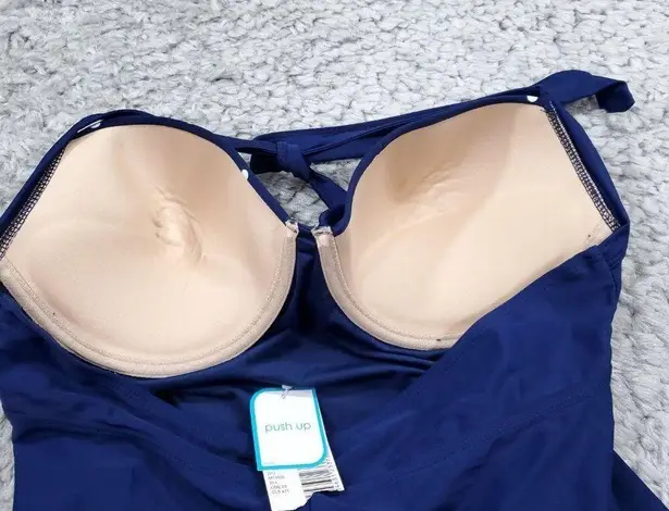 Tropical Escape Halter Tankini Swim Top Retro Push Up Bra Blue Polka Dot Size 14