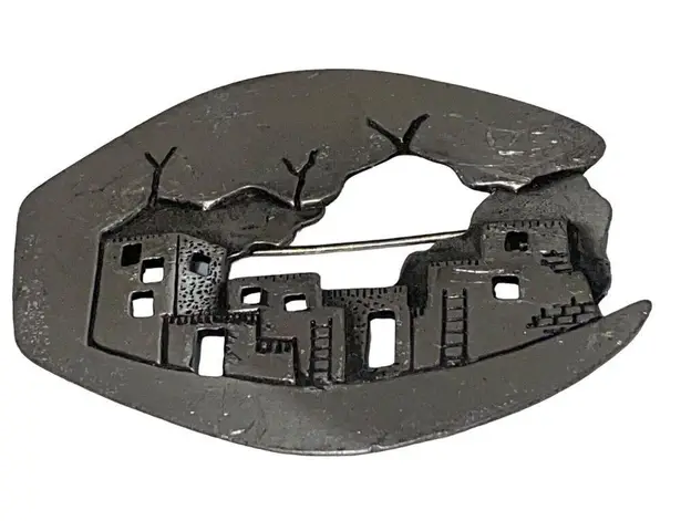 Vintage 1988 JJ 3D Building Pewter Silver Tone Pueblo Adobe Scene Pin Brooch