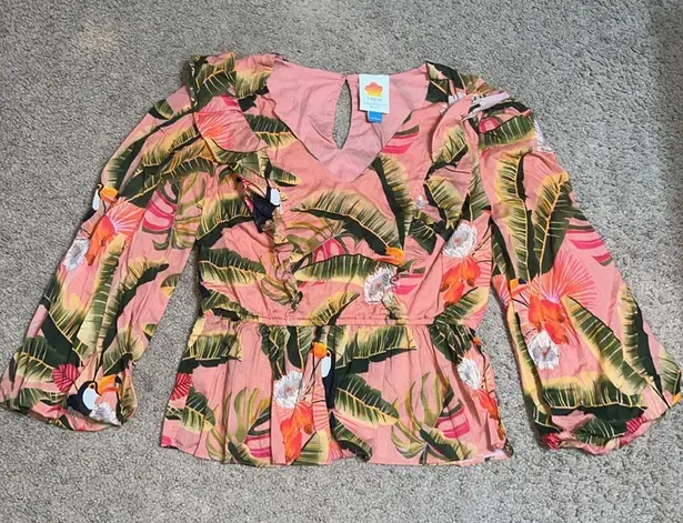 Farm Rio for Anthropologie Yasmine Ruffled Blouse Toucan Floral Tropical Small