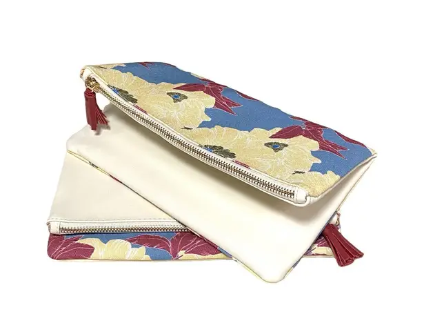 Rachel Pally Women’s Clutch Reversable flat zip leather floral clutch Cream Blue NEW