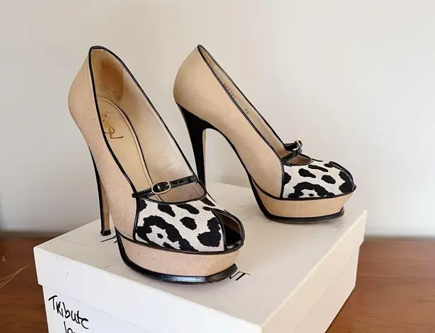 YSL • Tribute 105 Pump canvas leopard Mary Jane heels patent leather platform Tan Size 7.5