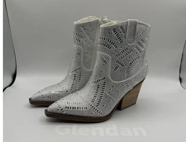 VeryG Rhinestone Western Ankle Boots Pointed Toe Block Heel Zipper Size 8.5 White