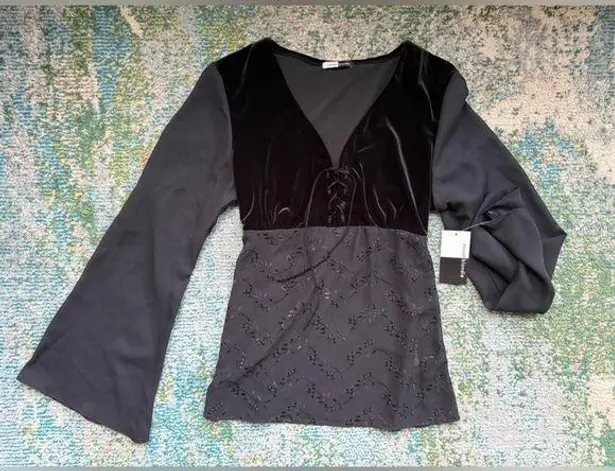 Vintage 90s NOS Sweet Blondie sheer velvet lace front boho blouse, size large Black