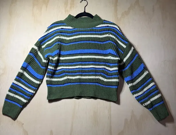 Freshman 1996 Striped Knit Sweater Green Blue White Mock Neck Cropped M Size M