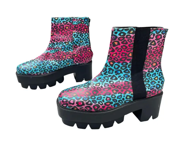 Bumper Chunky Y2K Cheetah Platform Heel Purple Blue Boots