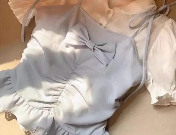 Japanese Kawaii Baby Blue Bow Tank White Crystal Button Lace Top Set Size XS