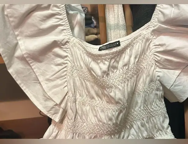 ZARA NWT white cotton ruffle sleeve peplum smocked stretchy top